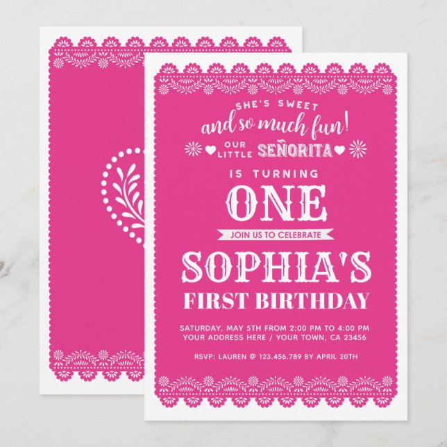 Invitation Premier anniversaire de fiesta, Papel Picado, ęr (Devant / Derrière)