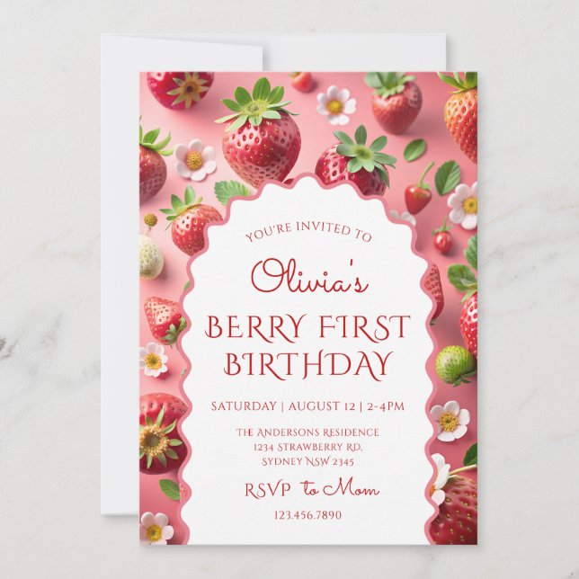 Invitation Premier anniversaire de fraise (Devant)