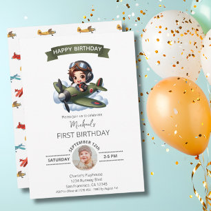 Invitation Premier Anniversaire de Garçon Pilote Avion Vintag