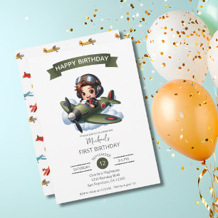 Invitation Premier anniversaire de garçon Pilote Avion vintag