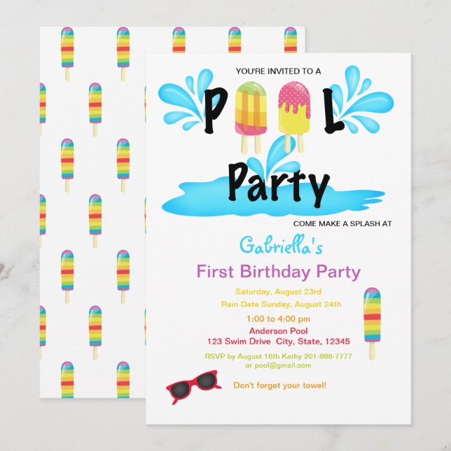 Invitation Premier anniversaire de la fête de la piscine d'ét (Devant / Derrière)