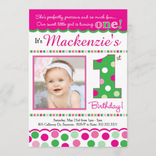 Invitation Premier anniversaire de la Polka Pink & Green Prep