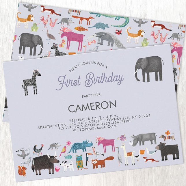 Invitation Premier anniversaire de l'animal (Fun animal menagerie personalized custom kid's first birthday invitation)