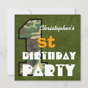 Invitation Premier anniversaire de l'enfant CAMO Style Nom pe