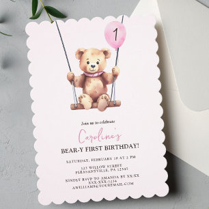 Invitation Premier anniversaire de l'ours en peluche rose