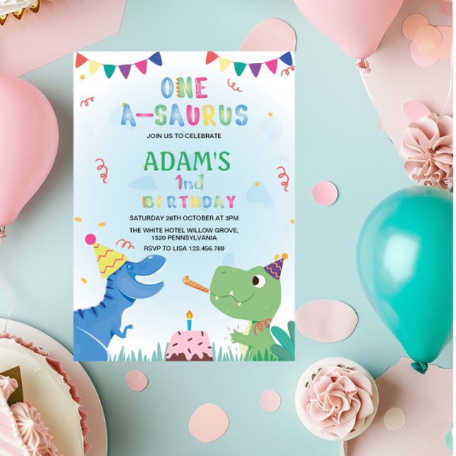 Invitation Premier anniversaire Dinosaure et gâteau (Créateur téléchargé)
