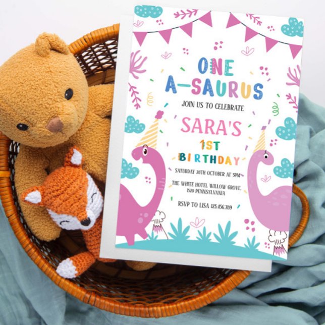 Invitation Premier Anniversaire Dinosaure rose foncé et clair (Créateur téléchargé)
