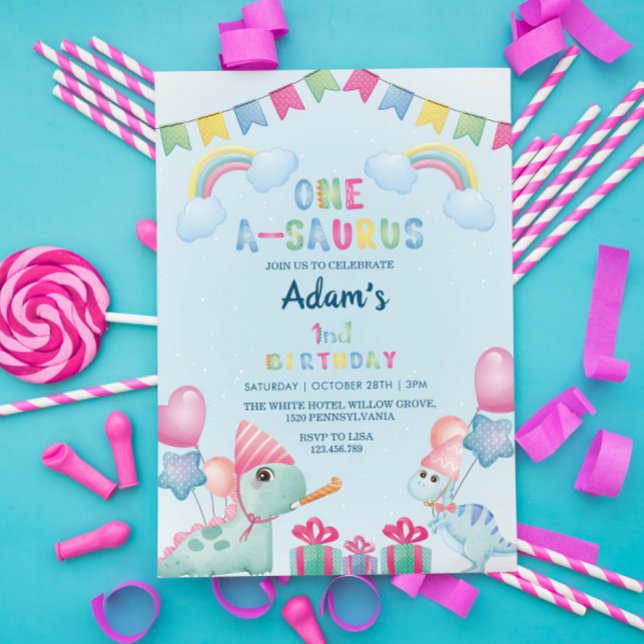 Invitation Premier Anniversaire Dinosaures & Arc-en-ciel, Ble (Créateur téléchargé)