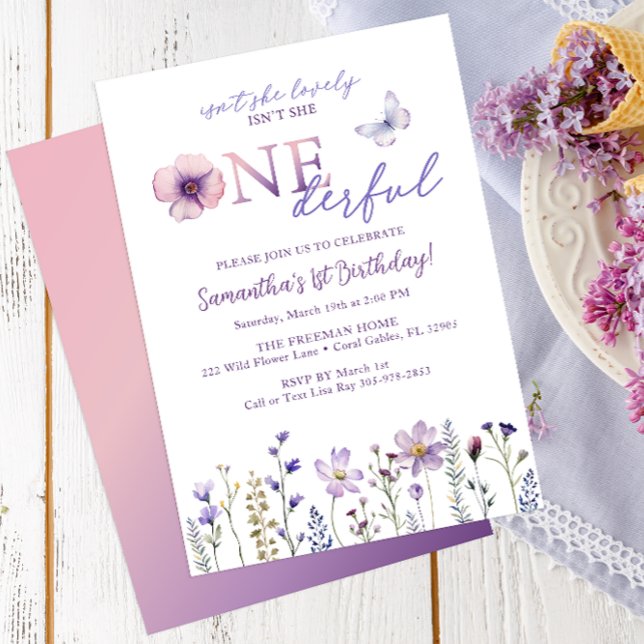 Invitation Premier anniversaire du Fleur sauvage pourpre (Onederful Wildflower Birthday Invite)