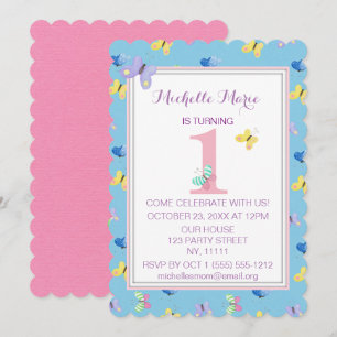 Invitation Premier anniversaire du papillon bleu rose