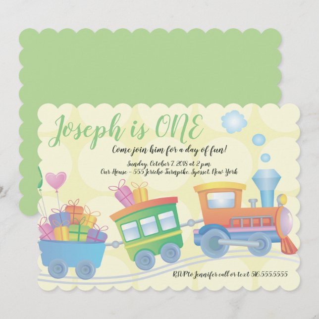 Invitation Premier anniversaire du train Caboose Yellow Green (Devant / Derrière)