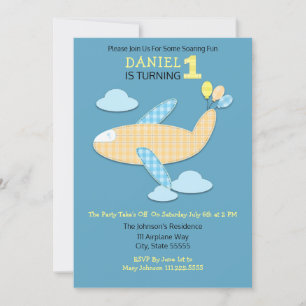 Invitation Premier anniversaire En vichy avion et ballons