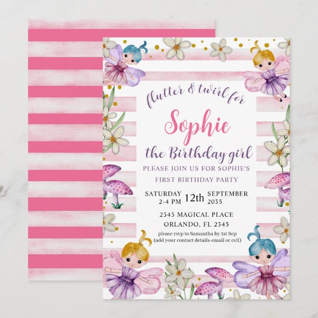 Invitation Premier anniversaire Fairy Princesse Rose & Or (Devant / Derrière)