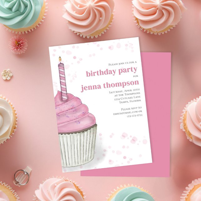 Invitation Premier anniversaire Fête Fille Cupcake Rose Perso (Pink watercolor birthday cupcake custom invitaiton. )