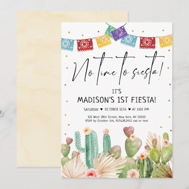 Invitation Premier anniversaire Fiesta Cactus Boho (Devant / Derrière)