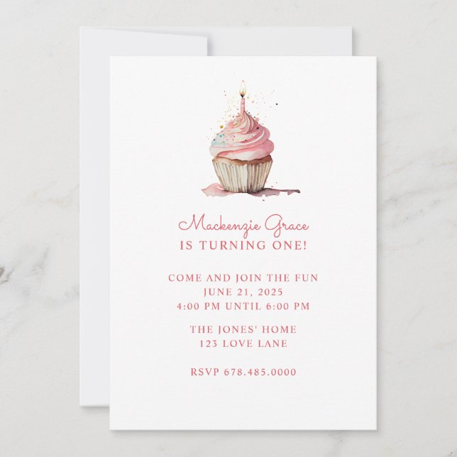 Invitation Premier anniversaire fille Cupcake rose (Devant)