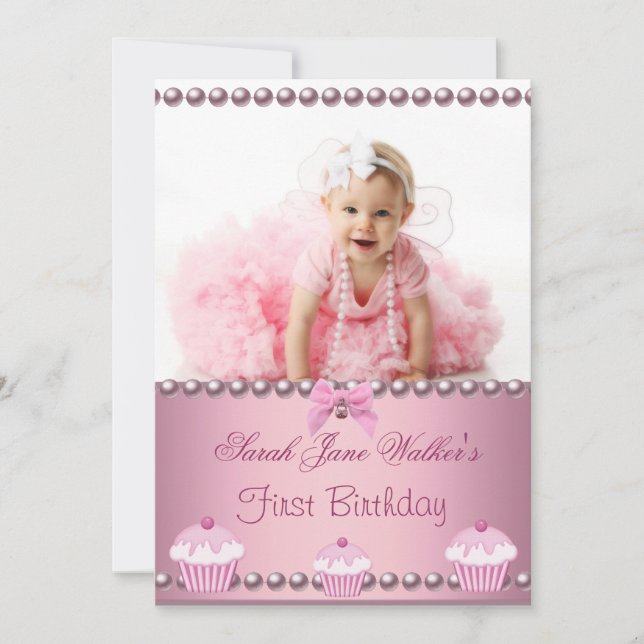 Invitation Premier anniversaire fille Pink Cupcakes Baby (Devant)