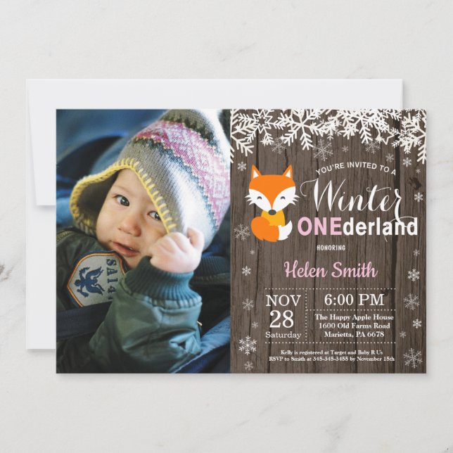 Invitation Premier Anniversaire Fille Renard Rustique Onederl (Devant)