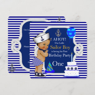 Invitation Premier Anniversaire Garçon Marin Rayure Bleu Mari