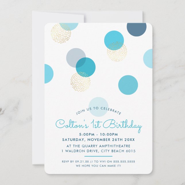 Invitation PREMIER ANNIVERSAIRE grand confetti taches garçon  (Devant)
