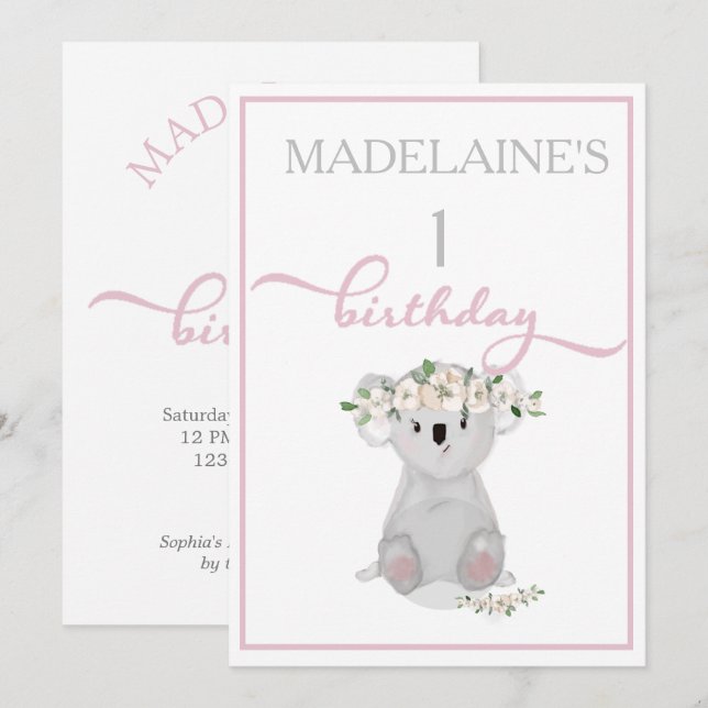 Invitation Premier anniversaire joli Koala Floral rose (Devant / Derrière)