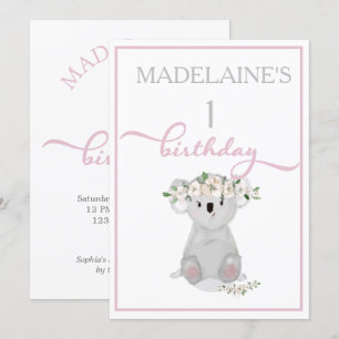 Invitation Premier anniversaire joli Koala Floral rose