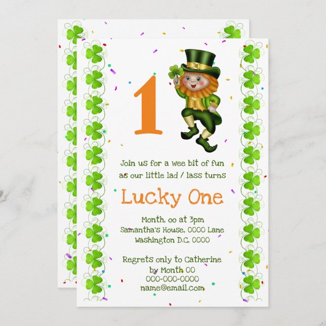 Invitation Premier anniversaire leprechaun chanceux un trèfle (Devant / Derrière)