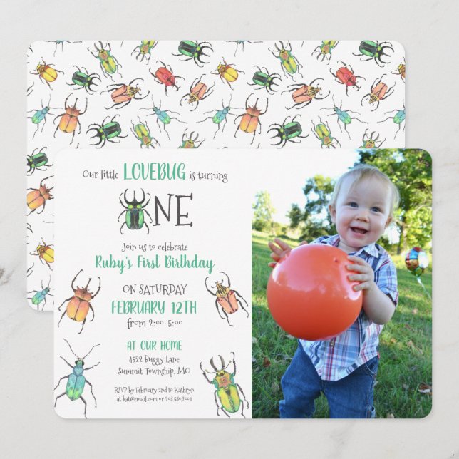 Invitation Premier anniversaire Love Bugs Photo (Devant / Derrière)