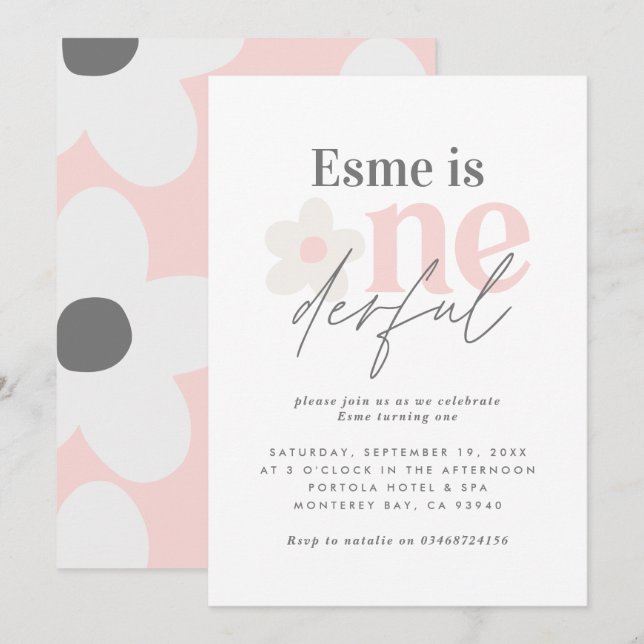 Invitation Premier anniversaire marguerite boho rétro rose gi (Devant / Derrière)