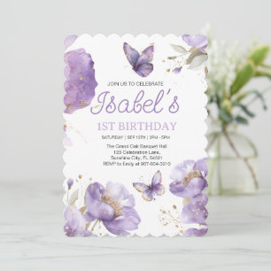 Invitation Premier anniversaire, Papillon aux fleurs violet e