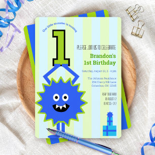 Invitation Premier anniversaire Petit monstre garçon rayures