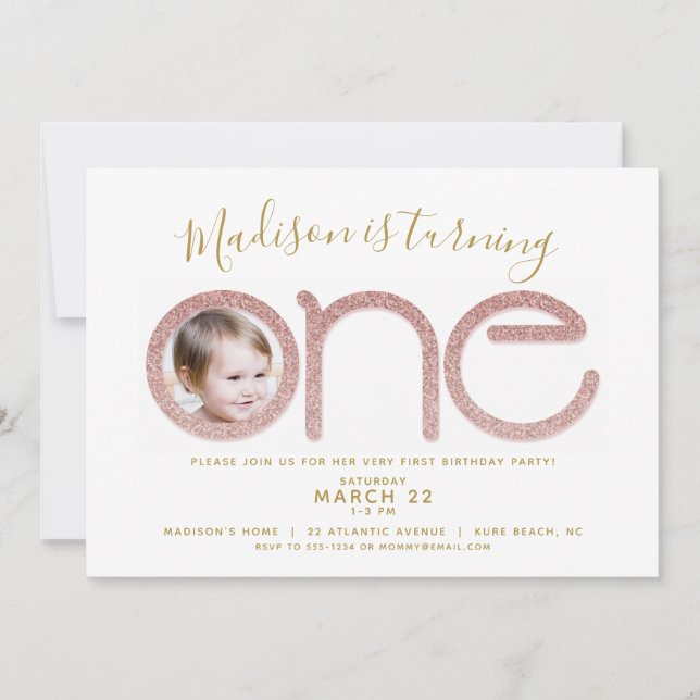Invitation Premier anniversaire Rose Gold Parties scintillant (Devant)