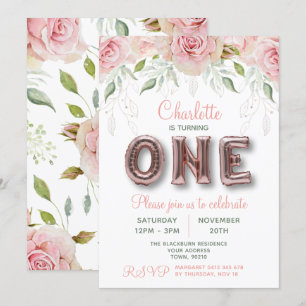 Invitation Premier Anniversaire Rose Gold Rose Balloon