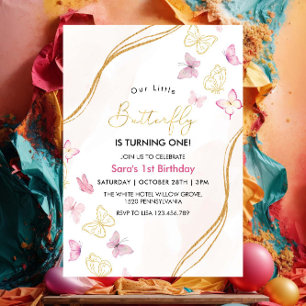 Invitation Premier Anniversaire Thème de papillon rose et or