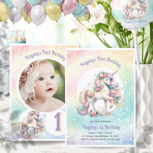 Invitation Premier anniversaire Unicorne Photo Rainbow Pastel (First Birthday Unicorn Photo Rainbow Pastel Party Invitation)