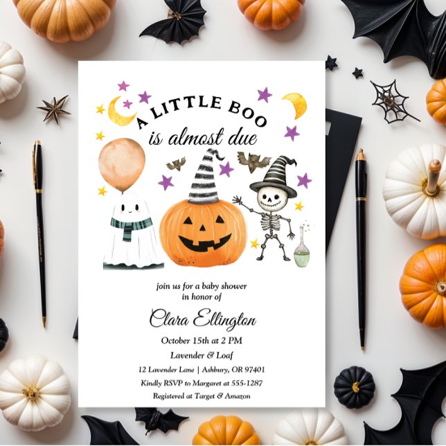 Invitation Premier Baby shower d'Halloween du petit Citrouill (baby shower invitation, halloween, watercolor, pumpkin, orange, little boo is almost due)