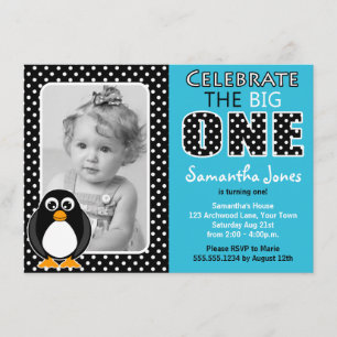 Invitation Premier bleu de fête d'anniversaire de pingouin