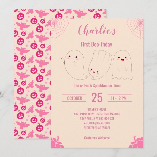 Invitation Premier Boo-thday personnalisé Halloween rose (Devant / Derrière)
