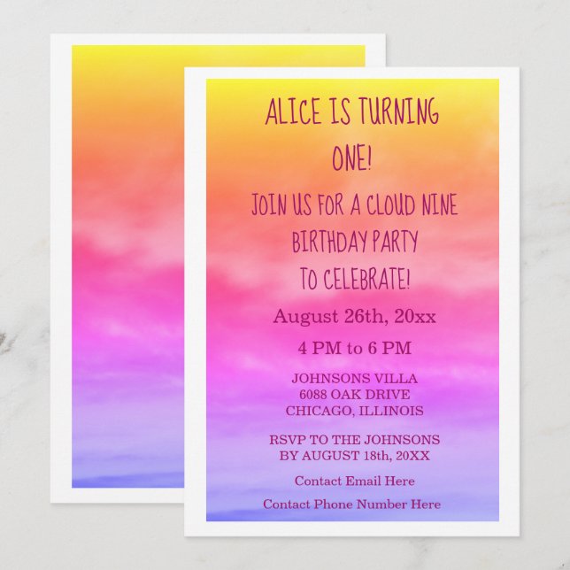 Invitation Premier Cloud Neuf Filles Anniversaire Fête 1er Ar (Devant / Derrière)