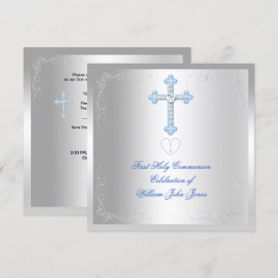 Invitation Premier garçon Sainte Communion Argent Bleu