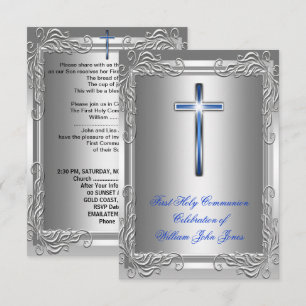 Invitation Premier garçon Sainte Communion Argent Royal Bleu