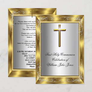 Invitation Premier garçon Sainte Communion croix argent or 2