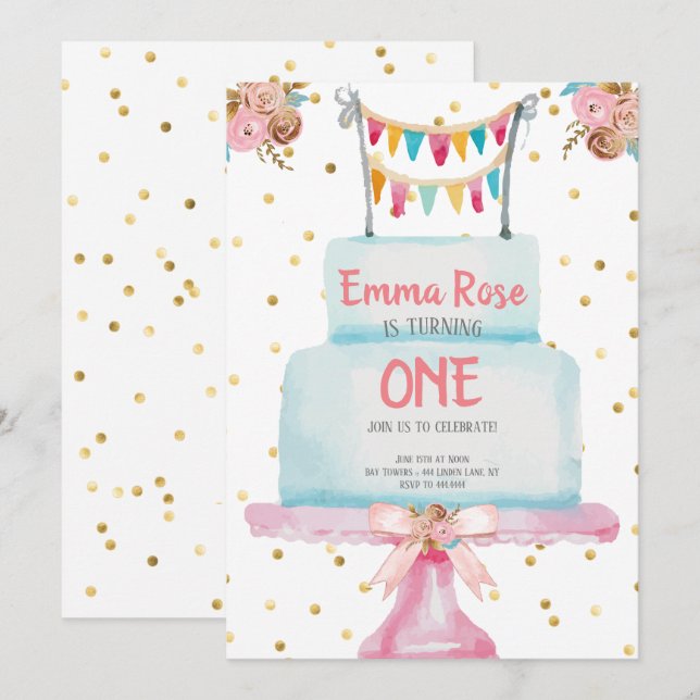 Invitation Premier gâteau d'aquarelle d'anniversaire (Devant / Derrière)