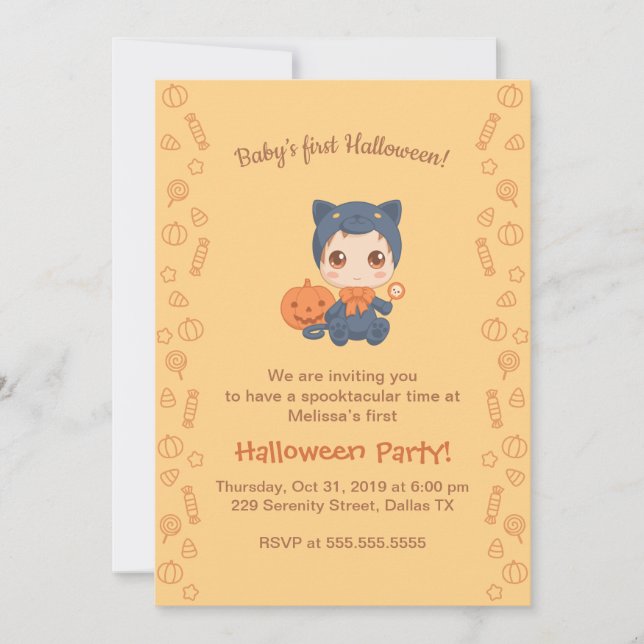 Invitation Premier Halloween Baby mignonne Black Cat Party (Devant)