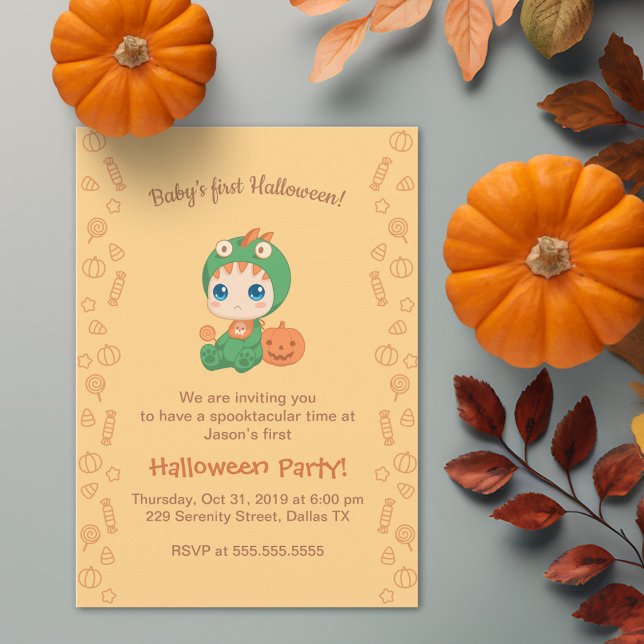 Invitation Premier Halloween Baby mignonne Dragon Dinosaure P (Créateur téléchargé)
