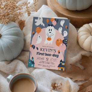 Invitation Premier jour de Boo Cute Ghost Balloons 1er annive