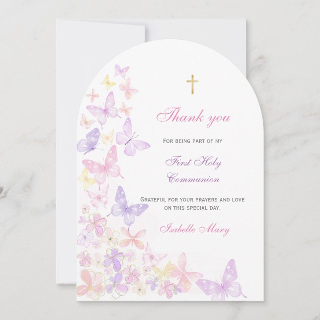 Invitation Premier Merci à papillon rose de la Communion (Devant)