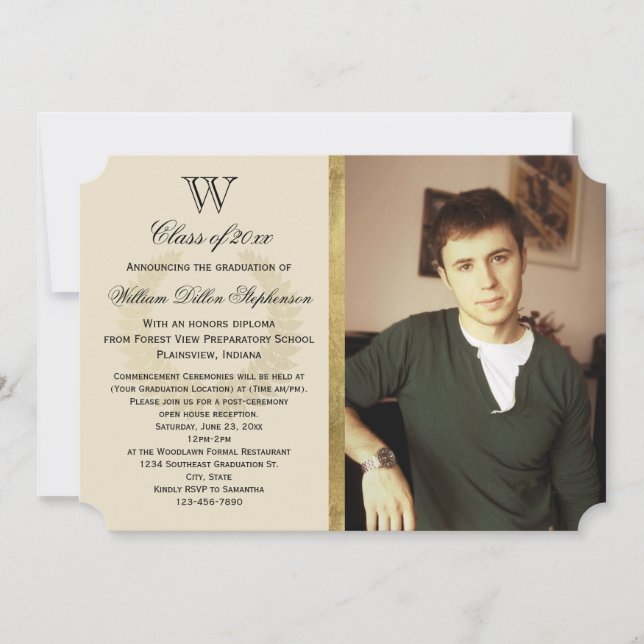 Invitation Premier Monogramme Gold Foil Effet Photo Graduatio (Devant)