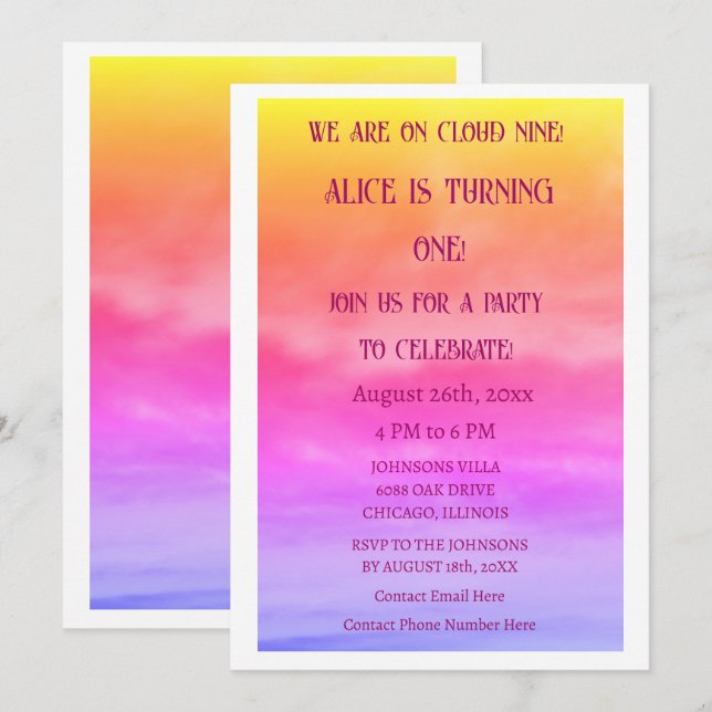 Invitation Premier Nuage Neuf Anniversaire Fête 1er Artsy Ros (Devant / Derrière)