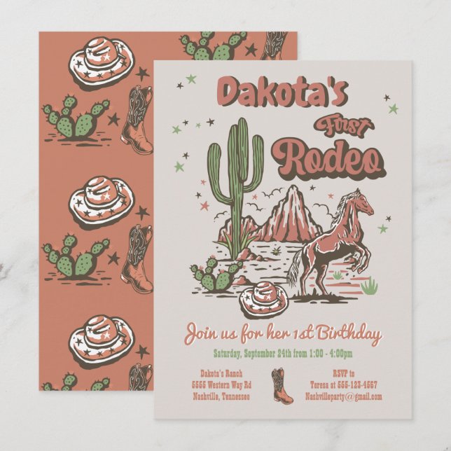 Invitation Premier Rodéo Cowgirl Cowboy Anniversaire (Devant / Derrière)